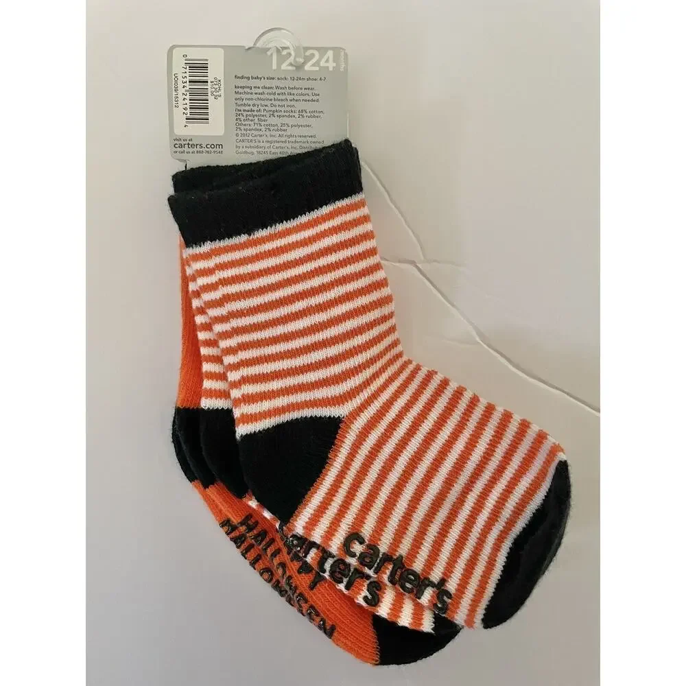 Carter’s Orange Pumpkin Striped Happy Halloween Crew Socks 2 Pairs Size 12-24M